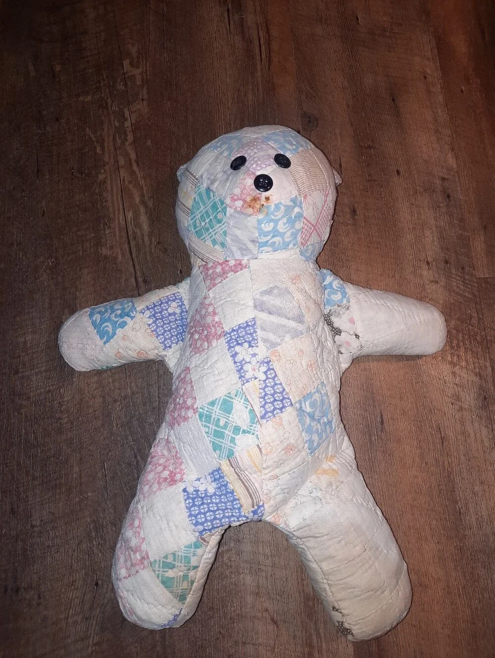 Vintage Patchwork Quilted Teddy Bear with Button Eyes - Soft Pastel Print